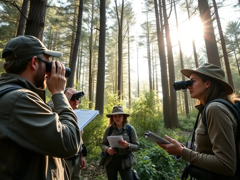 A wildlife biologist monitoring animal populations in their natural habitat, showcasing wildlife monitoring activities.