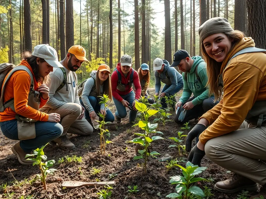 A photograph showcasing a group of volunteers participating in a habitat restoration project, planting trees and clearing invasive species in a local forest.