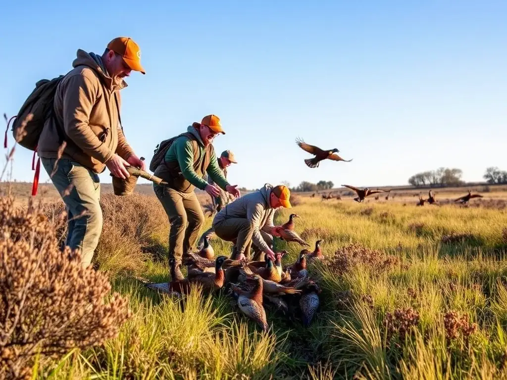A group of conservationists are releasing pheasants into a managed hunting area, showcasing the organization's commitment to wildlife management and ecological balance.