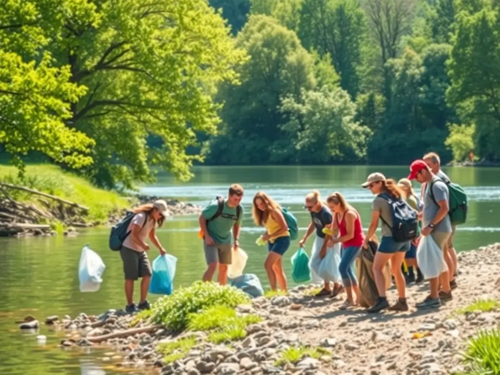 A group of volunteers cleaning up a local river, demonstrating community involvement in conservation efforts.
