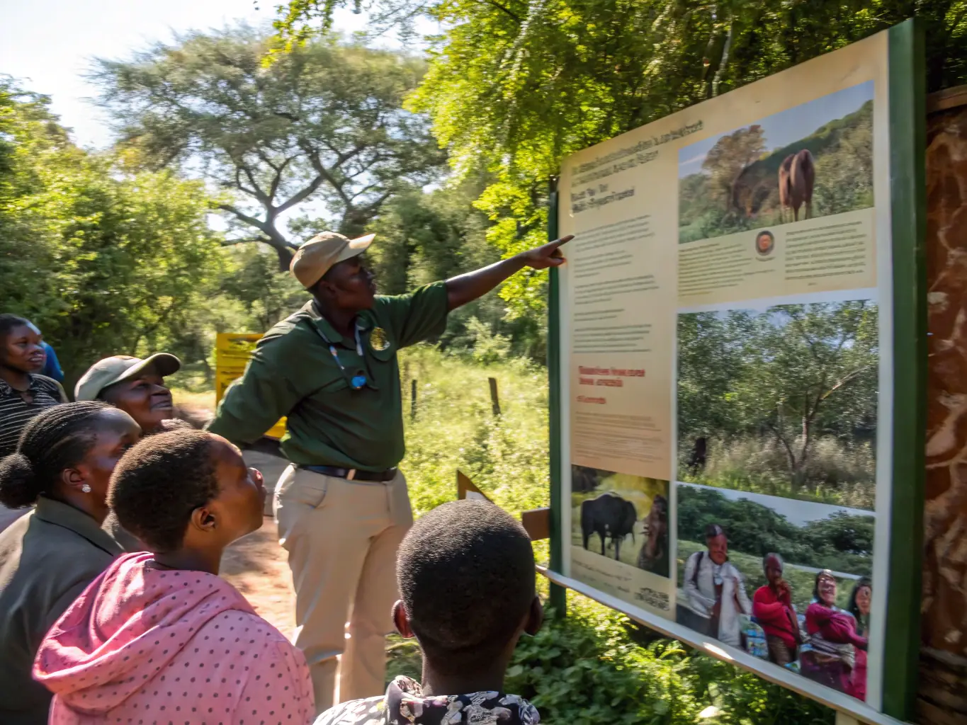 A picture of a wildlife conservation education event, featuring a conservationist giving a presentation to a group of local community members about the importance of protecting local ecosystems.