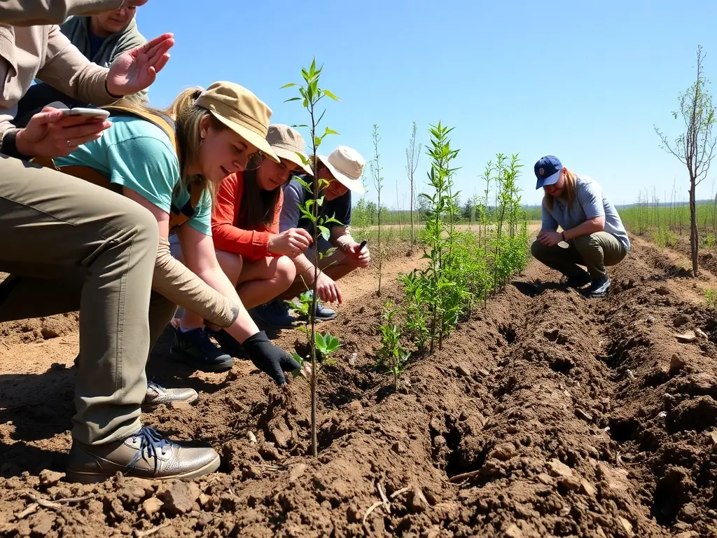 A photograph depicting a group of volunteers planting trees in a deforested area, illustrating CHASSE PRIVEE LES CHARBONNIERS' commitment to reforestation and habitat restoration.