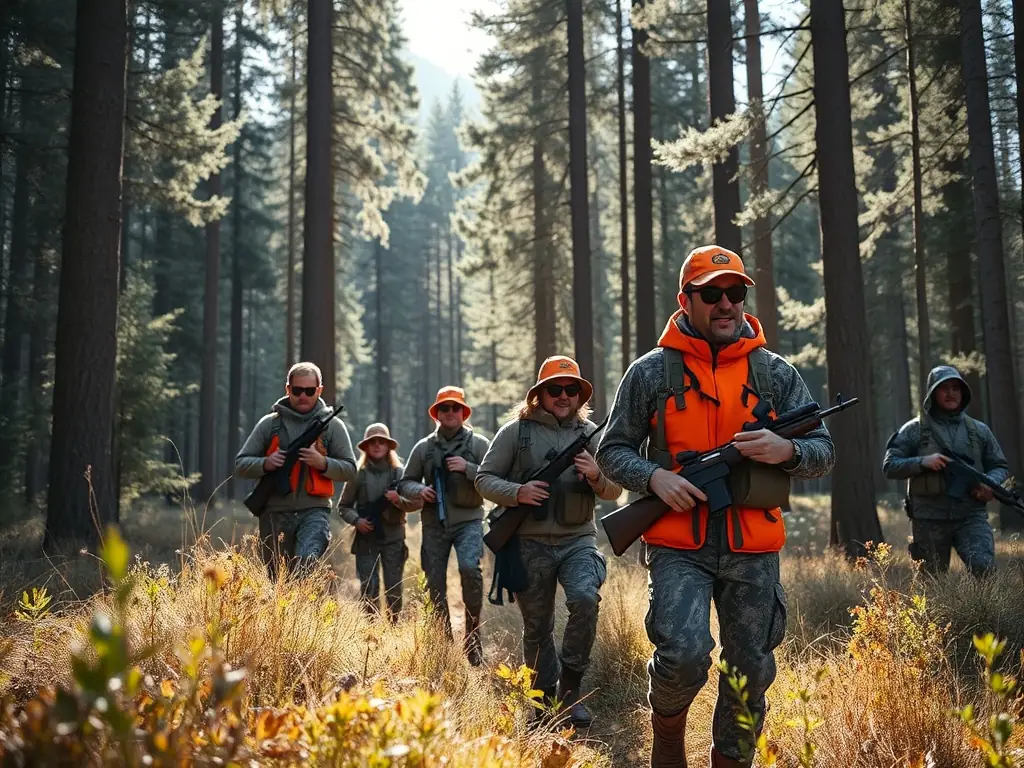 An image of hunters in the field, equipped with safety gear, observing wildlife from a safe distance, set against a lush natural landscape.