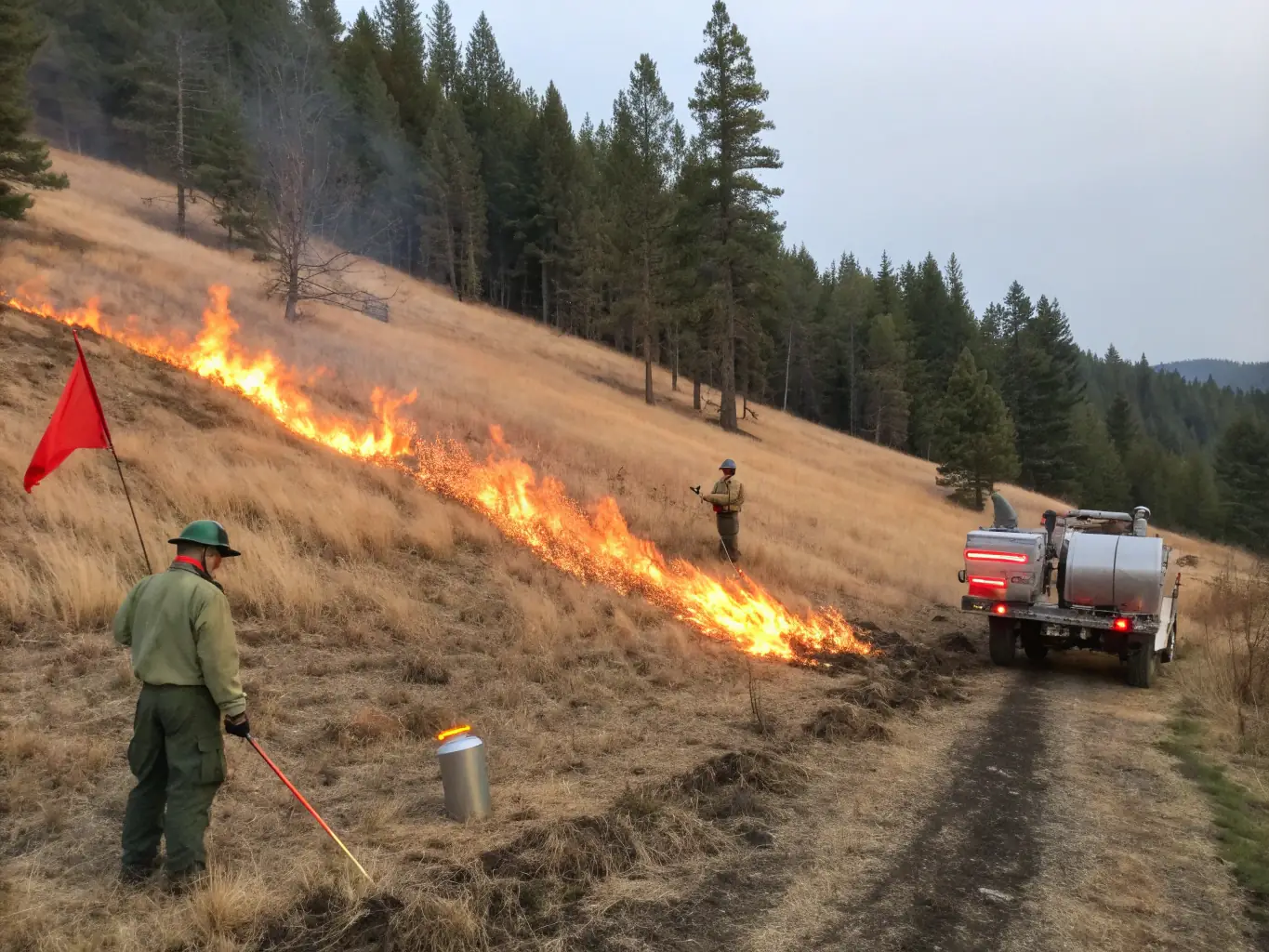 A photograph showcasing a controlled burn being conducted by trained professionals, demonstrating CHASSE PRIVEE LES CHARBONNIERS' approach to wildfire prevention and ecosystem management.