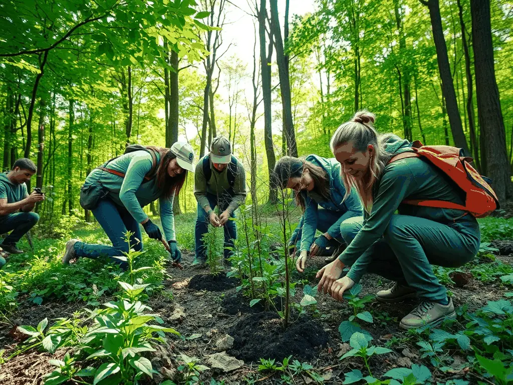 A group of conservationists planting trees in a deforested area, symbolizing reforestation efforts.