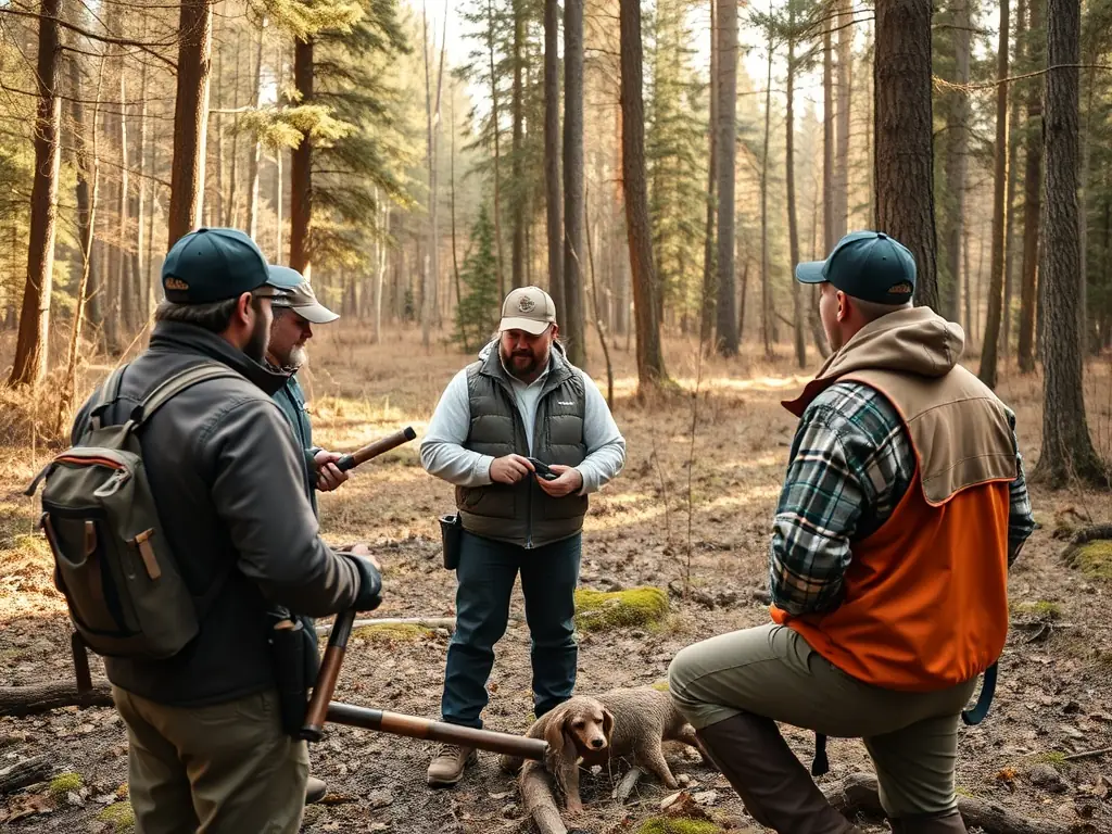 Hunters participating in a training session on responsible hunting practices, emphasizing the organization's focus on safety and adherence to regulations.