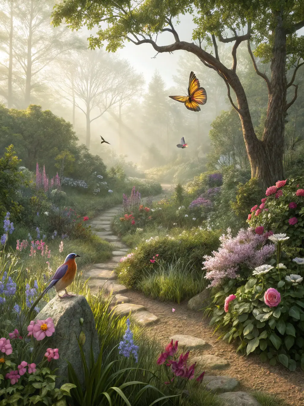 A vibrant image of a diverse ecosystem, showcasing various plant and animal species thriving in a balanced environment, representing the ecological balance maintained by CHASSE PRIVEE LES CHARBONNIERS.