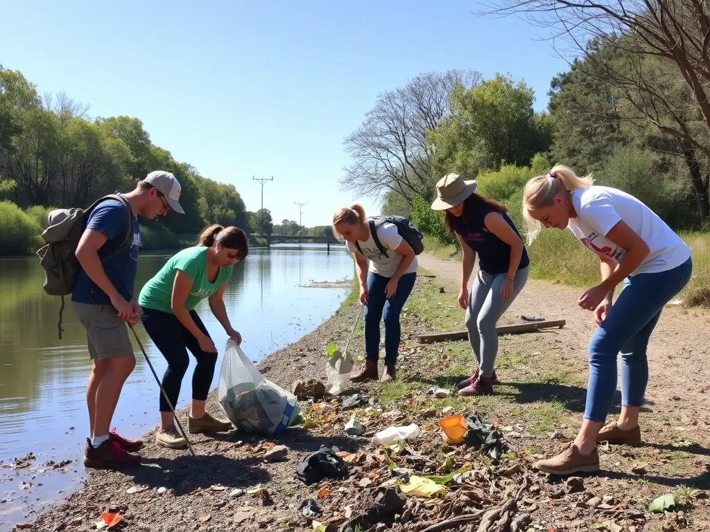 Volunteers cleaning up a local river, highlighting efforts to maintain clean water sources.