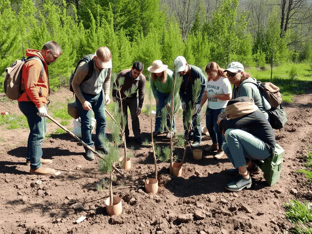 A group of conservationists planting trees in a deforested area, symbolizing reforestation efforts.
